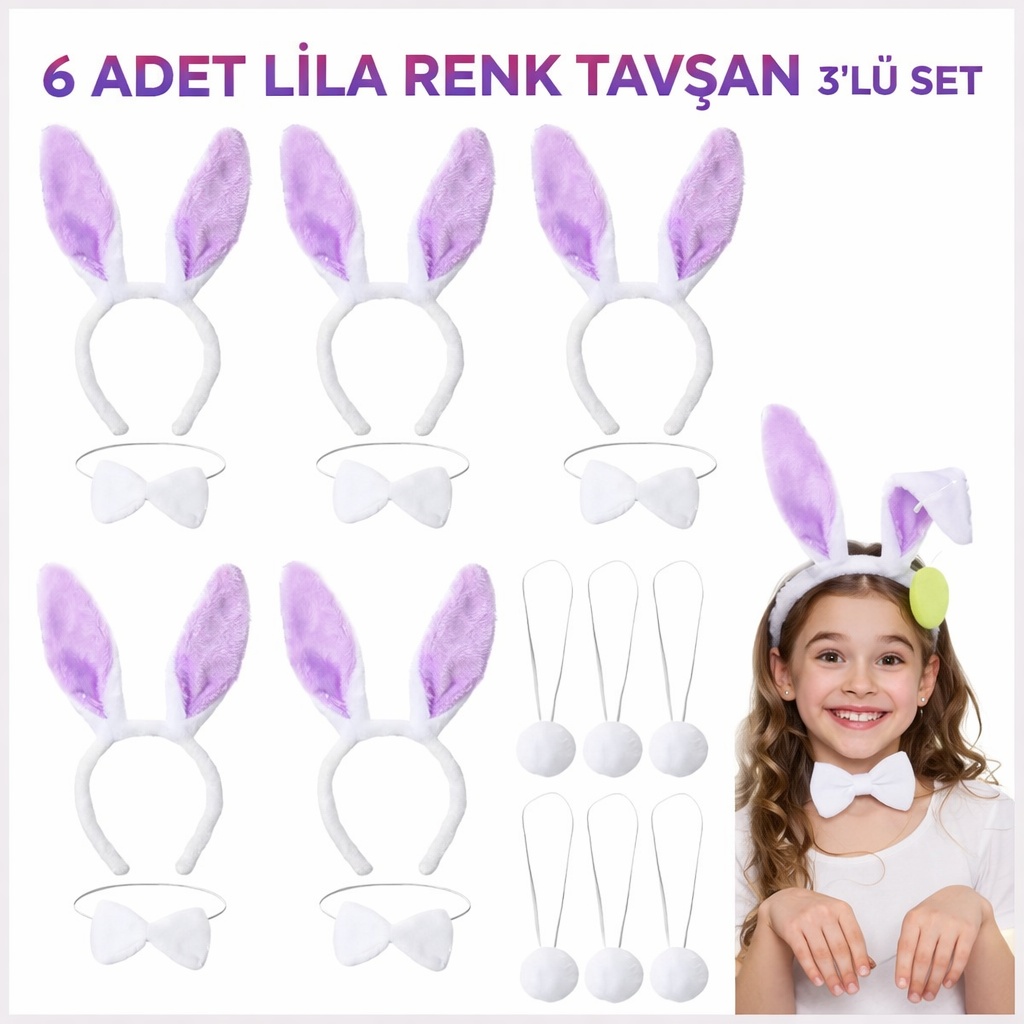 Lila Tavşan Sahne Seti 6amp;#39;lı Set Taç Papyon Kuyruk